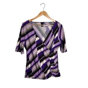 Ann Taylor Blouse Faux Wrap Geometric Purple Black Size Large V Neck Fitted